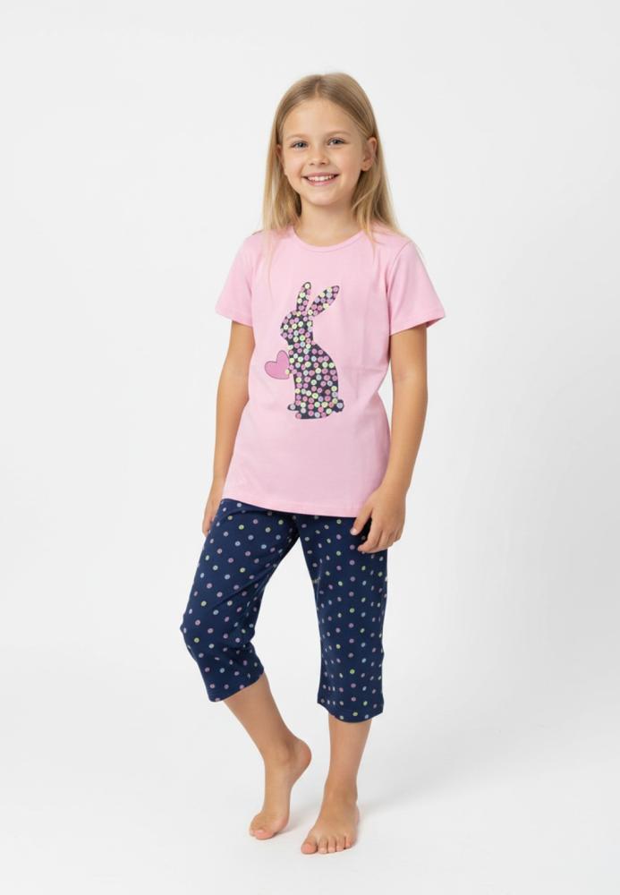 Pijama copii cu maneca scurta si pantaloni 3/4,culoare roz, Engros